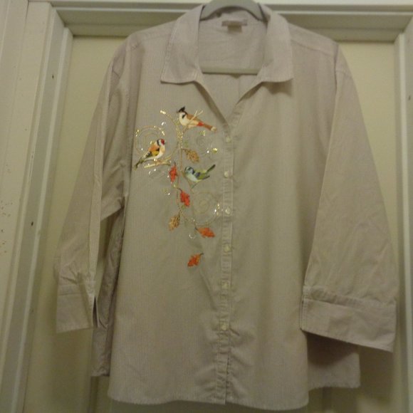 FARM GIRL PRAIRIE BEAUTIFUL BIRDS & BEADS COTTAGECORE STRIPES BLOUSE 1 X - Picture 1 of 7